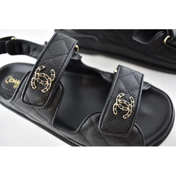 Chanel REV Black Caviar Gold CC Logo Mule Slide Strap Flat Teva Dad Sandal 39 - Picture 4 of 12